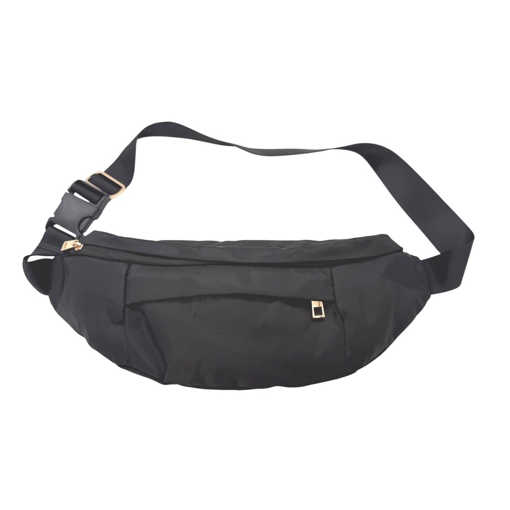 Sleek Black Nylon Fanny Pack Belt Bag Crossbody Gold Adjustable‎ fits up to 42"